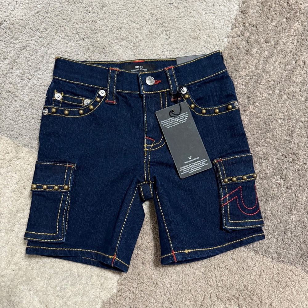 True Religion Ricky Relaxed Straight Cargo Denim Shorts Dark Wash Kids 3T NWT
